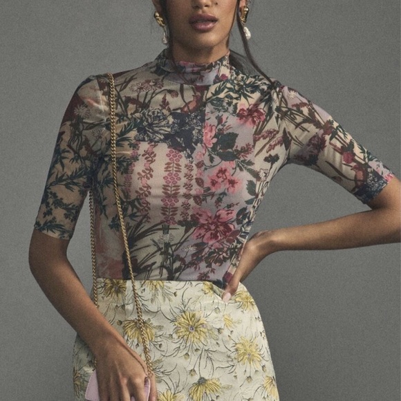 Anthropologie Tops - by Anthropologie Floral Mesh Mock Neck Short Sleeve Top